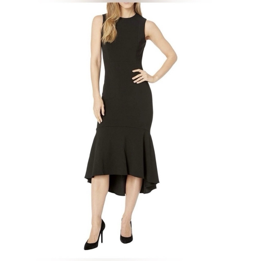 Calvin Klein Black Hi Low Trumpet Sleeveless Stretch Crepe Midi Dress Size 8